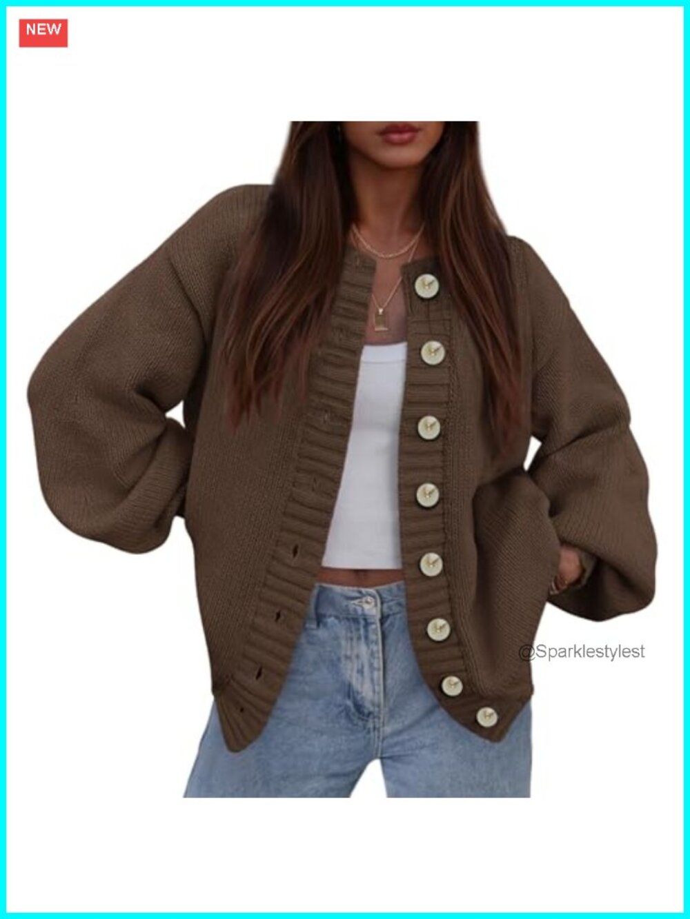 Chunky Ribbed Knit Cardigan Sweater with Lantern Sleeves and Button-Up Front